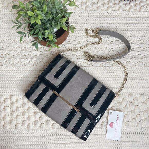 BIG BUDDHA Women's Gray Temple Black Patent Leather Chain Strap Handbag NWT - Picture 13 of 13